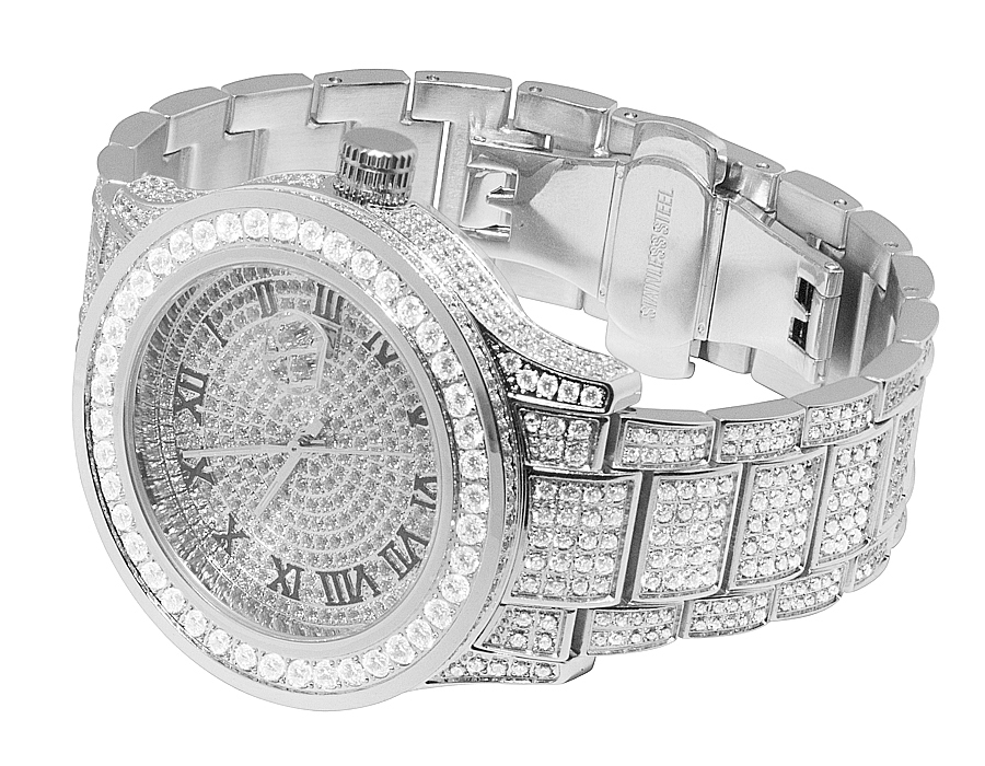 Mens White Gold Plated Steel Jewelry Unlimited 45MM Simulated Diamond