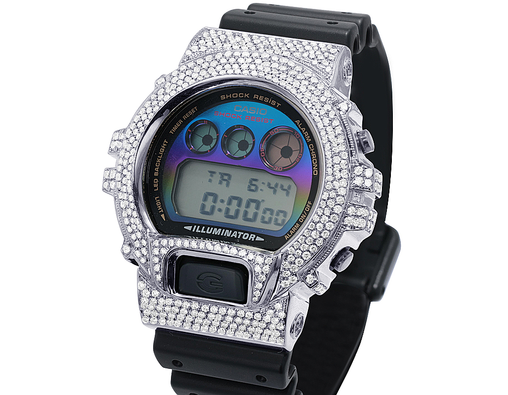 Casio G-Shock Black DW 6900 6 CT White Gold Alloy Iced Out Diamond