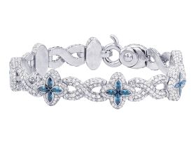 Infinity 11.4 CT Diamond with Blue Sapphire Marquise Flower Link Bracelet 10K White Gold 7.5"