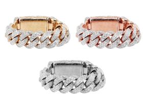 Three Row Miami Cuban Link 52CT Emerald Diamond Bracelet 10k Yellow/Rose/White Gold 22mm 8.25"
