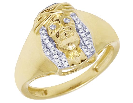 10K Yellow Gold Jesus Face Diamond Ring 15MM .1CT