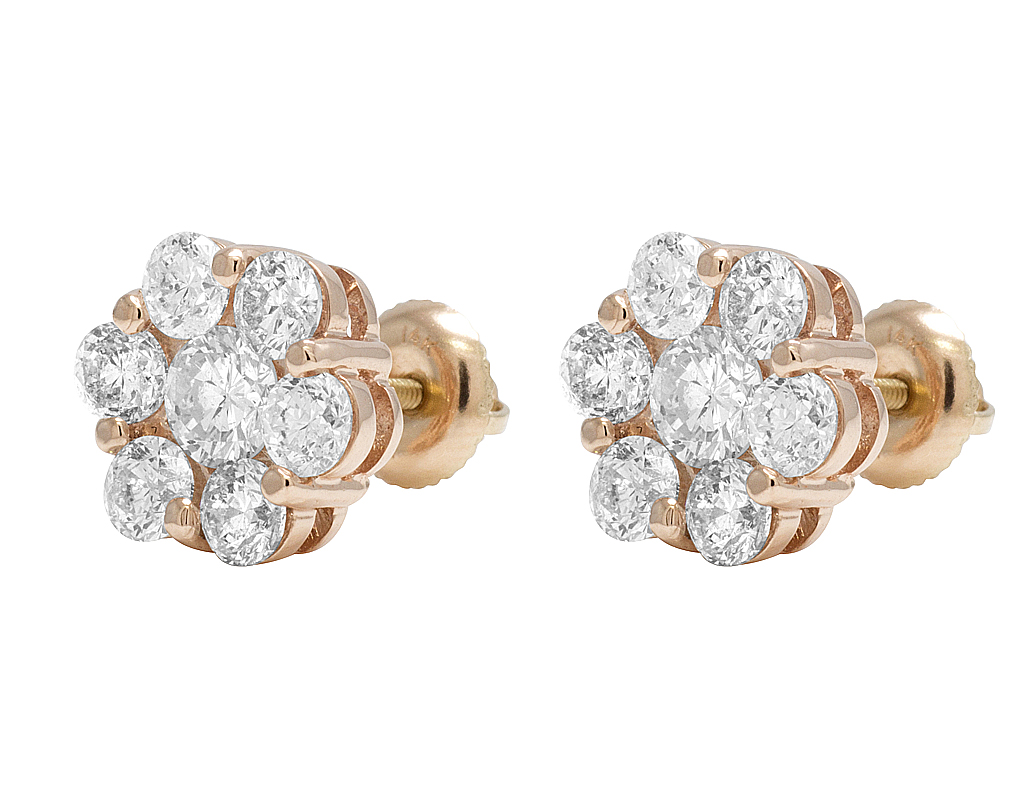 Unisex 14K Rose Gold Round Flower Cluster Real Diamond Stud Earrings ...