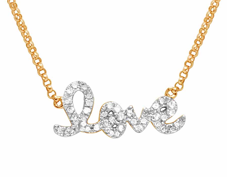 Ladies 10K Yellow Gold Real Diamond Love Necklace .20 ct