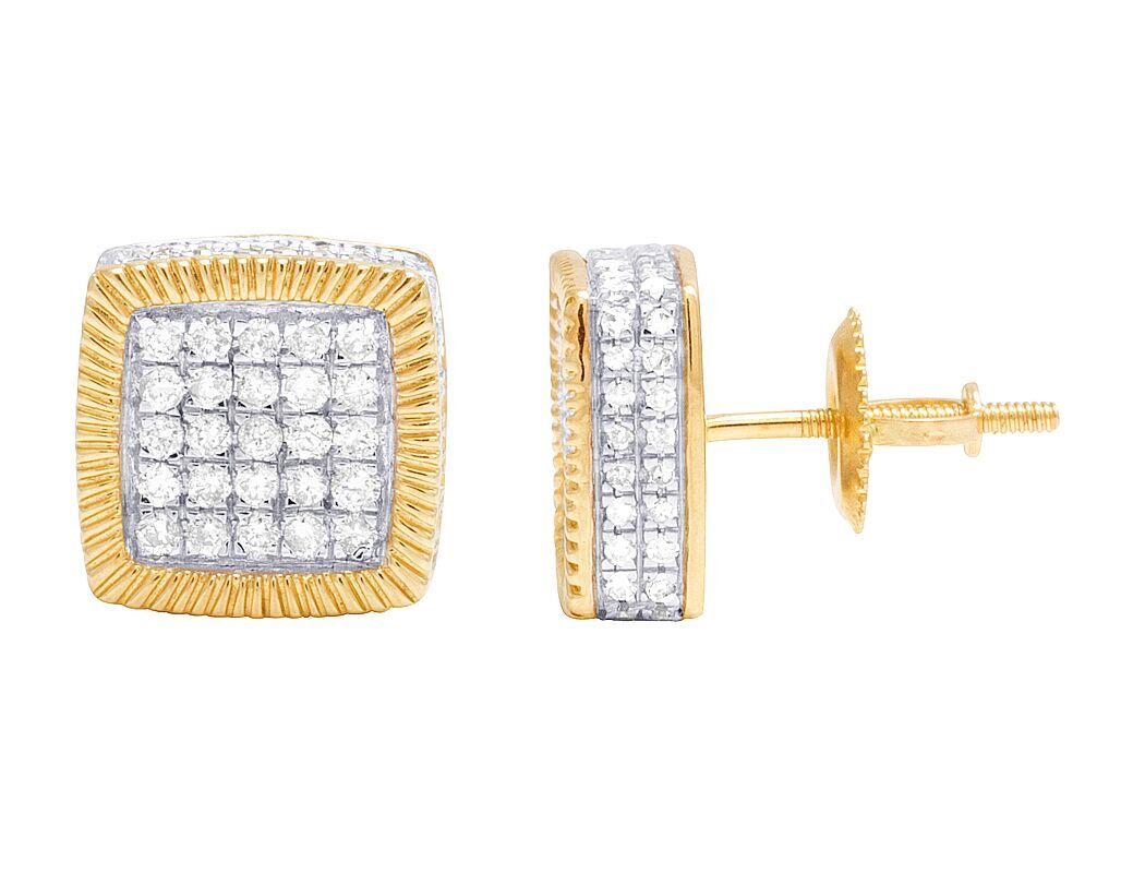 Unisex 10K Yellow Gold Genuine Diamond 3D Square Cluster Stud Earring 1