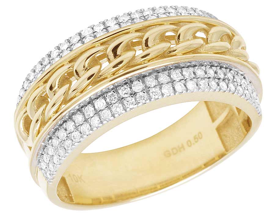 Men's 10K Yellow Gold Cuban Link Real Diamond Ring Band 1 ...