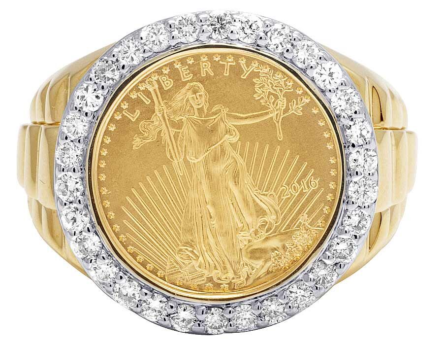 Men's 24K Yellow Gold Genuine Diamond 1/10 Oz Lady Liberty Coin Ring 3/