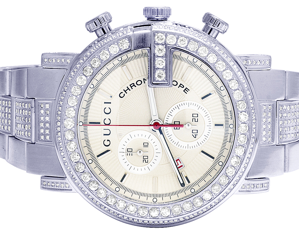 Mens Gucci 101 G Chrono Stainless Steel 44MM Full Diamond YA101339