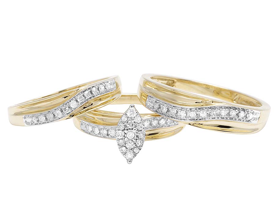 10K Yellow Gold Real Diamond Marquise Engagement Trio Bridal Ring Set ...
