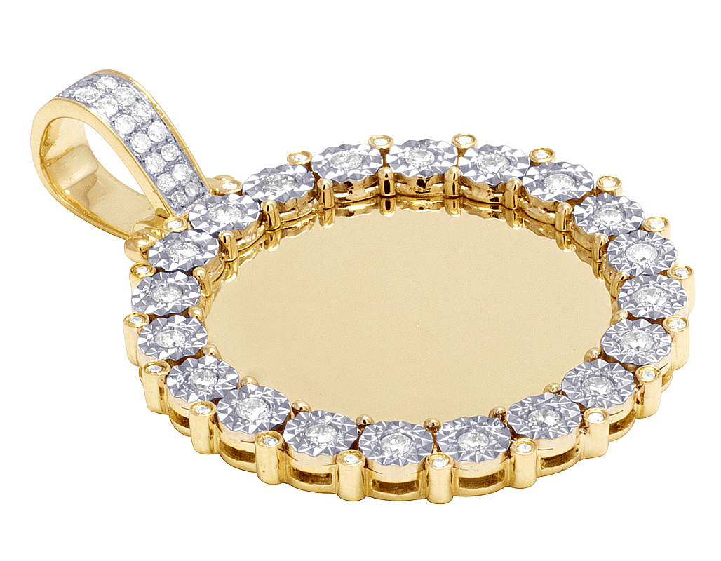 Mens Real Diamond Pendant Memory Frame Photo Engrave 10K Yellow Gold