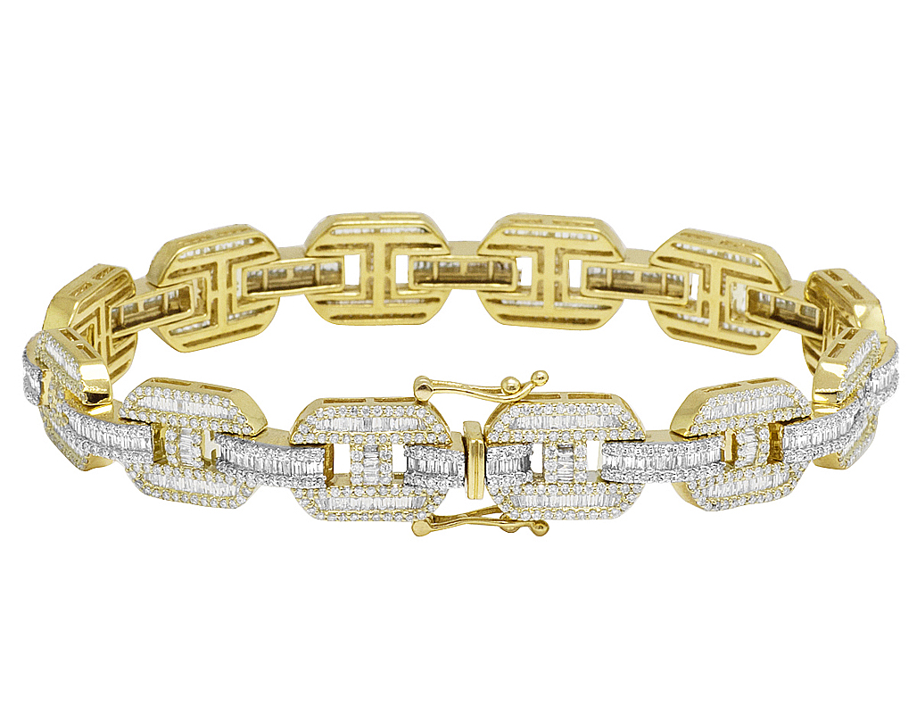 10K Yellow Gold Real Diamond Baguette GG Link Bracelet 12MM 8.75