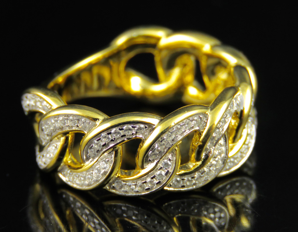 Yellow Gold Finish Simulated Diamond Miami Cuban Link Band Ring 10MM | eBay