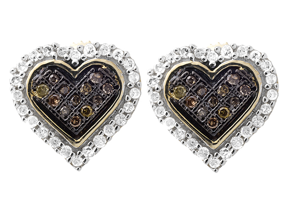 10K Yellow Gold Heart Brown Cognac And White 10MM Diamond Earring Stud 0.25ct