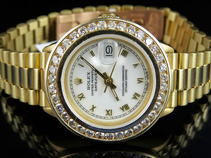 Ladies 26 MM Rolex President Datejust 18K Yellow Gold White Dial ...