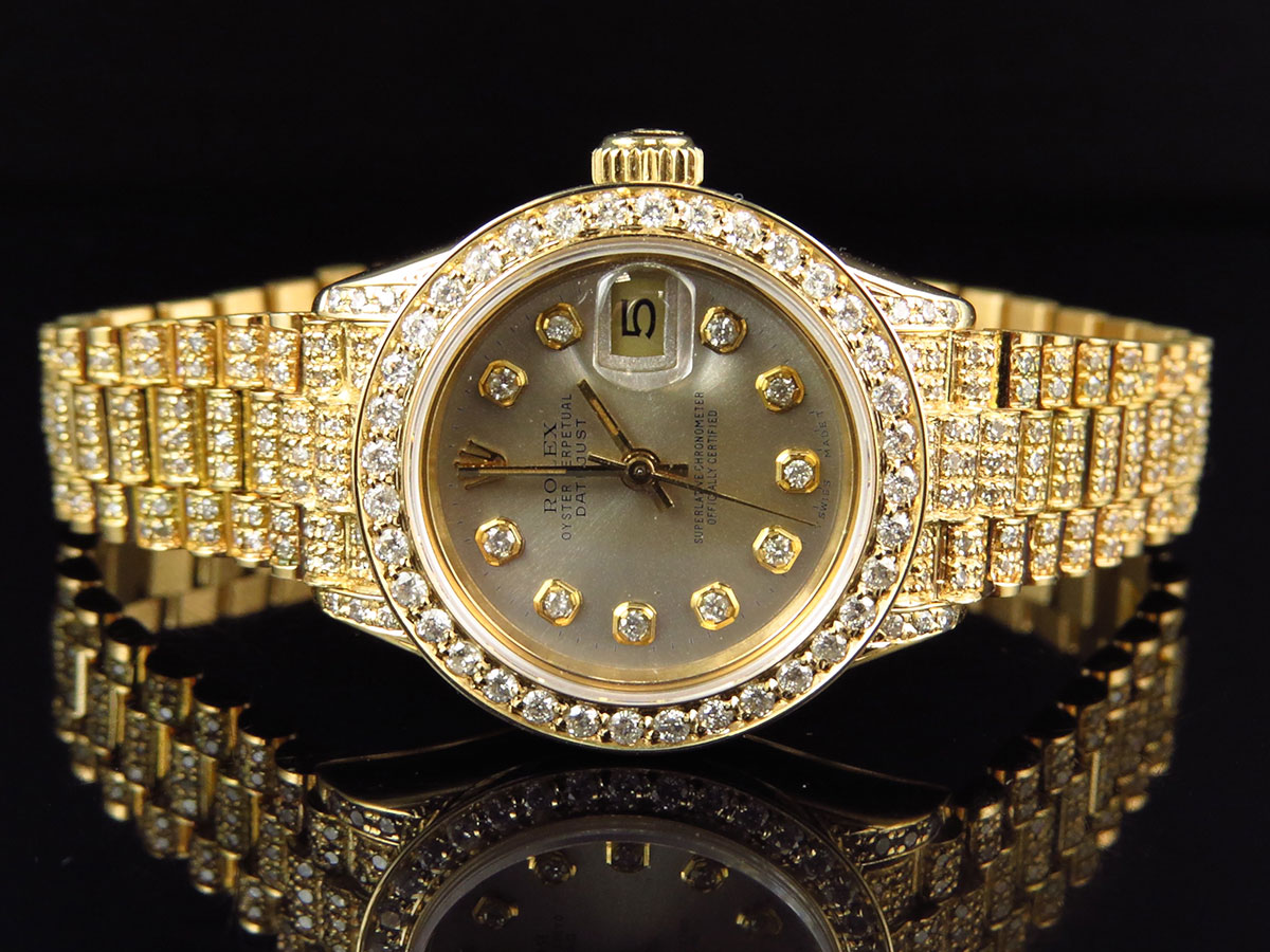 Excellent Ladies 27 MM Rolex President Datejust 18k Yellow Gold Diamond ...