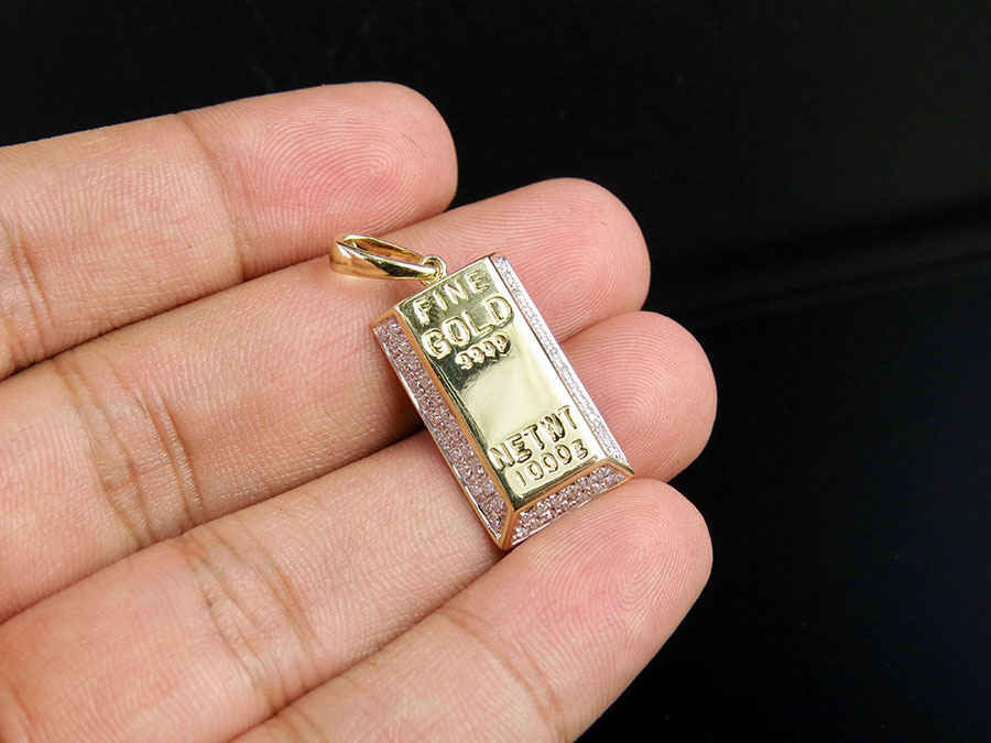 Solid 10K Yellow Gold Real Diamond Miniature Gold Brick Bar Pendant