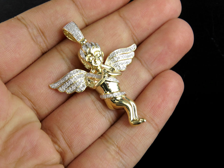 10K Gelbgold Diamant Herren Spitz Kreuz W / Engel Anhänger Cherub Charm