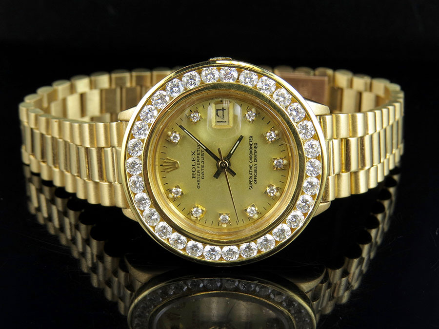 Ladies 26 MM Rolex President Datejust 18K Yellow Gold 69178 Diamond ...