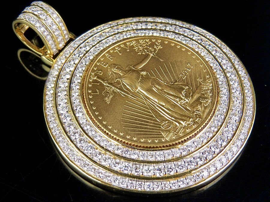 22K Yellow Gold Coin Lady Liberty 1/2 Ounce Genuine Diamond Pendant 5 ...