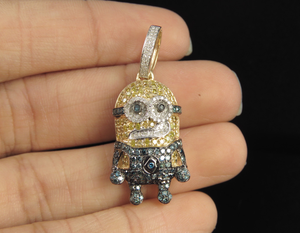 Unisex Echt Diamant Minion Cartoon Anhänger Charm 10k Gelbgold 1 1/2 CT
