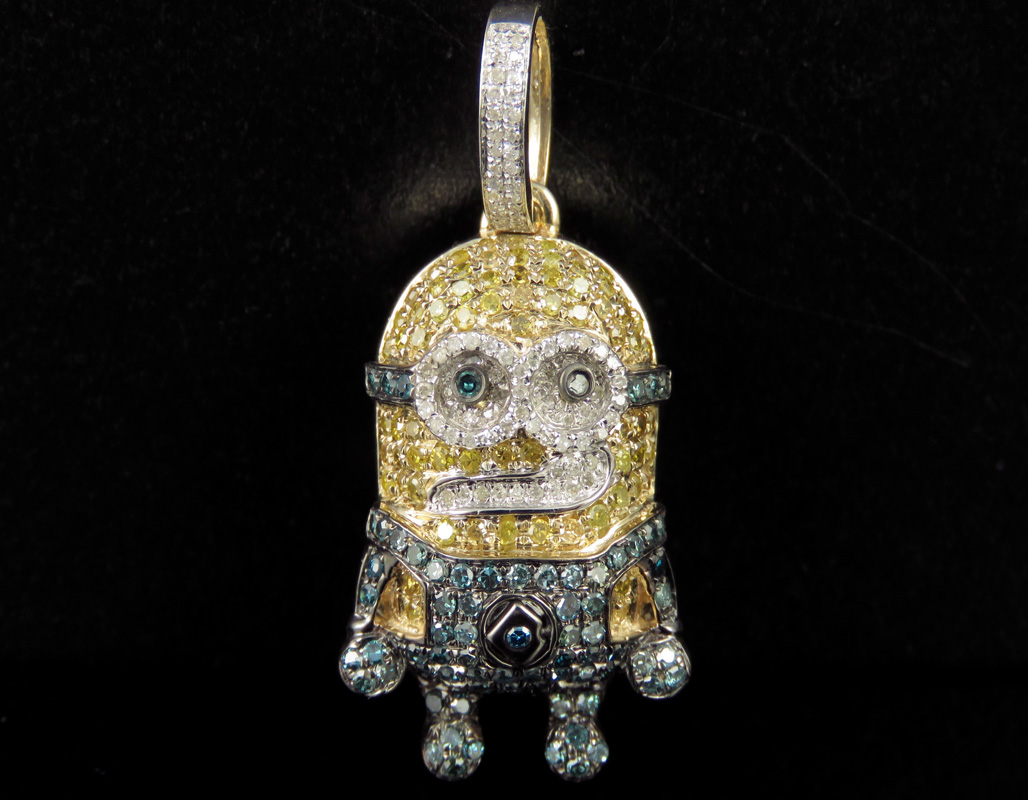 Unisex Real Diamond Minion Cartoon Pendant Charm 10K Yellow Gold 1 1/2