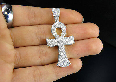 Men/'s White Gold Sterling Silver Lab Diamond Iced Out Ankh Cross Pendant 2.0 In