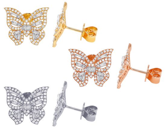 Butterfly Shaped Diamond Baguette Cluster Stud Earrings